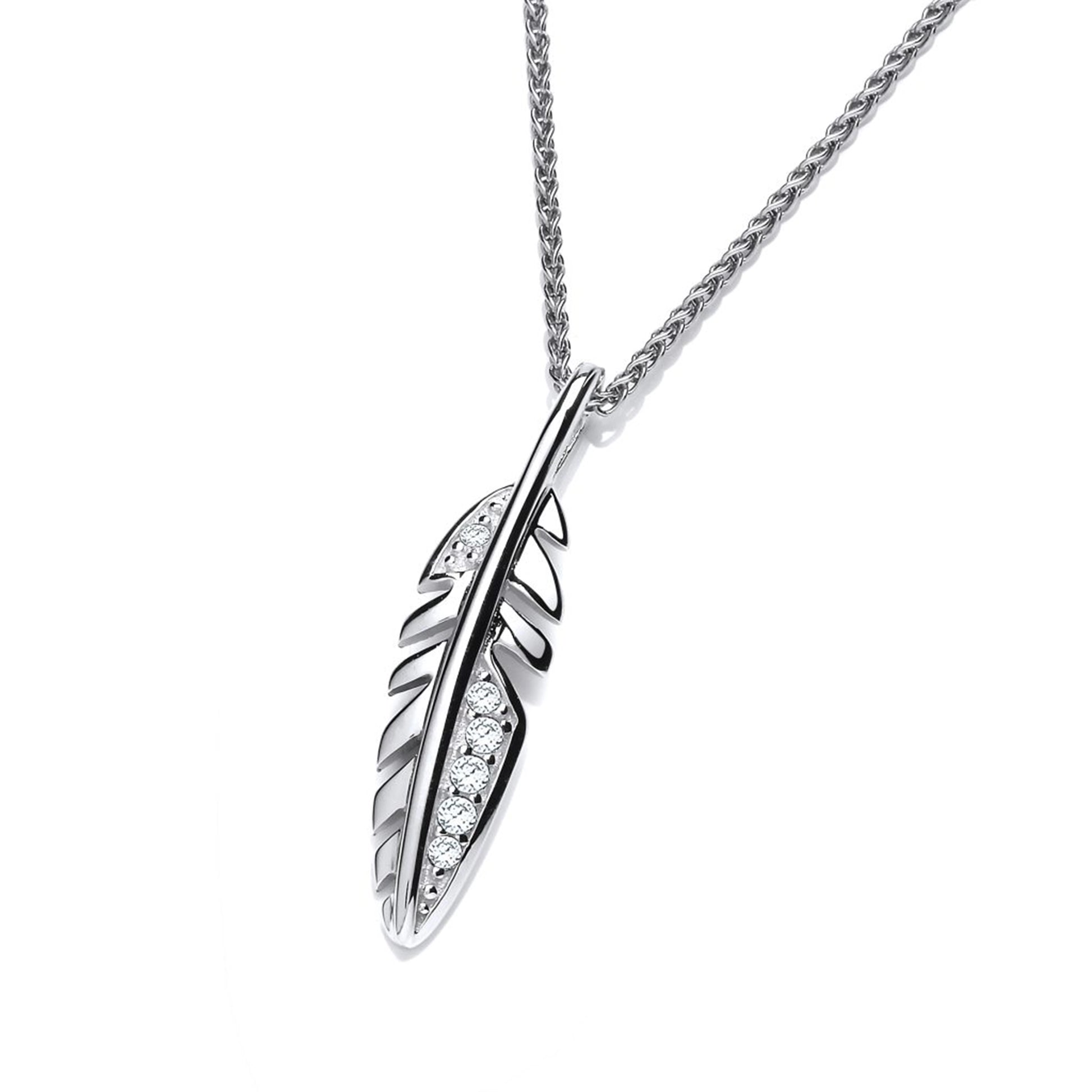 Silver feather shaped pendant with CZ stones on a silver chain