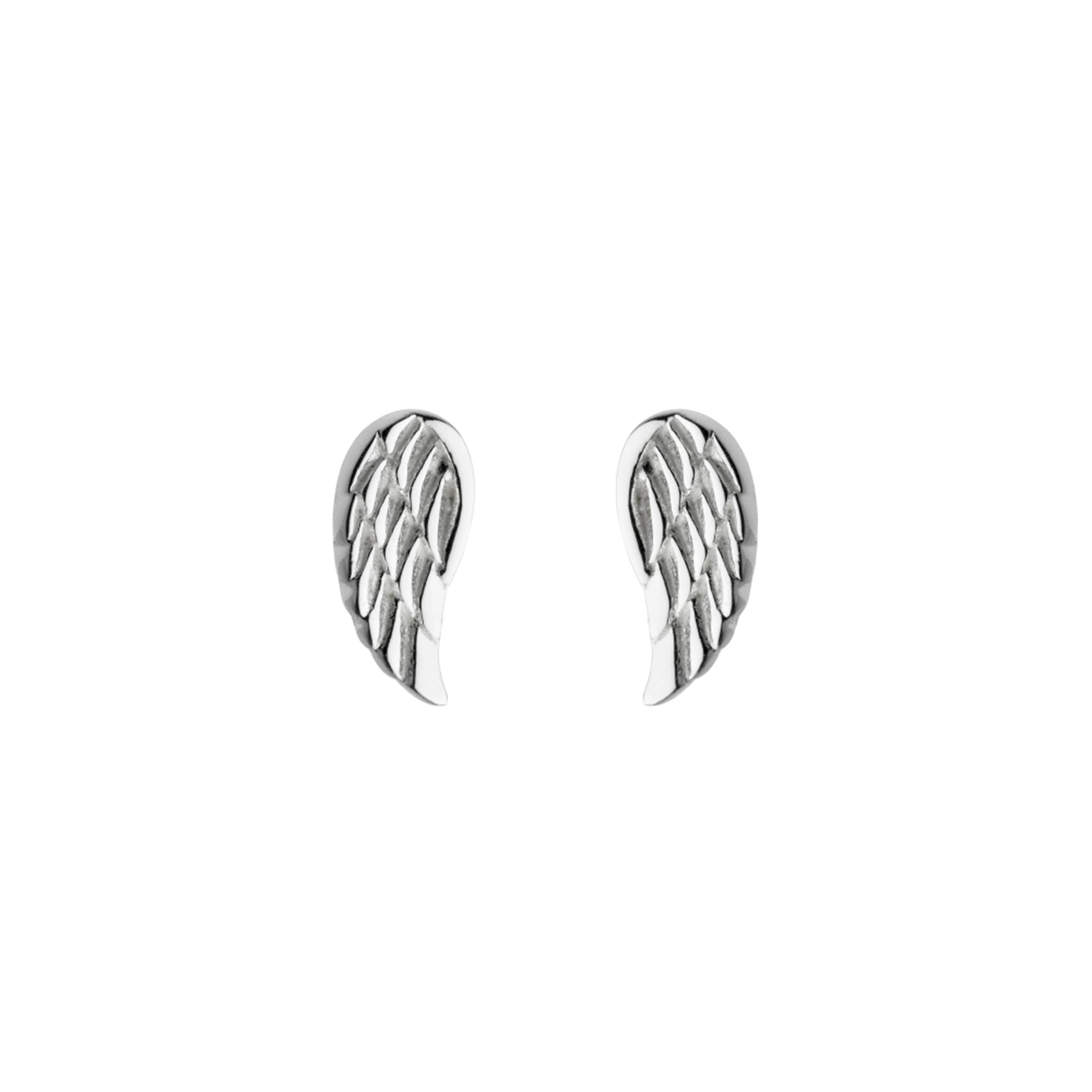 A pair of silver stud earrings shaped like feathered wings