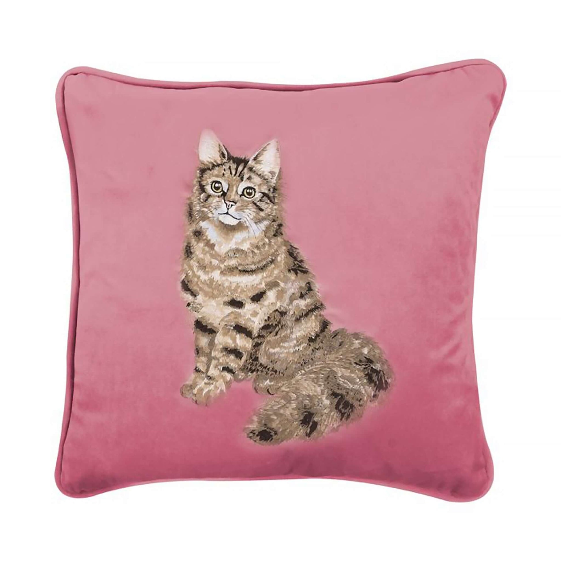 Pink faux suede cushion with embroidered tabby cat design