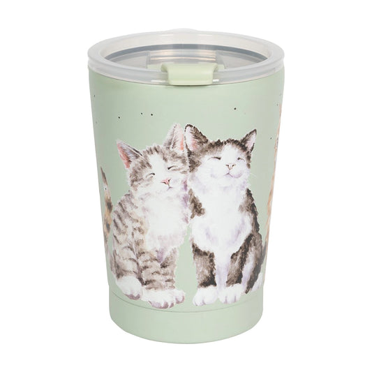 A green thermal mug featuring illustrations of cuddling cats