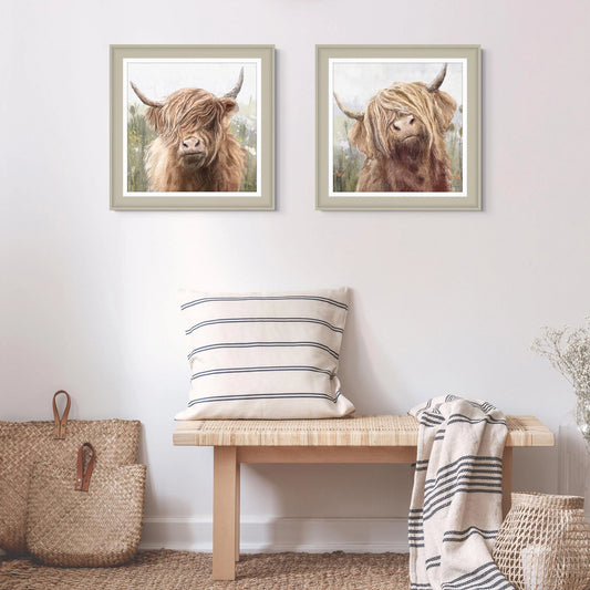 A square framed art print featuring a Highland cow and light coloured flower background on wall