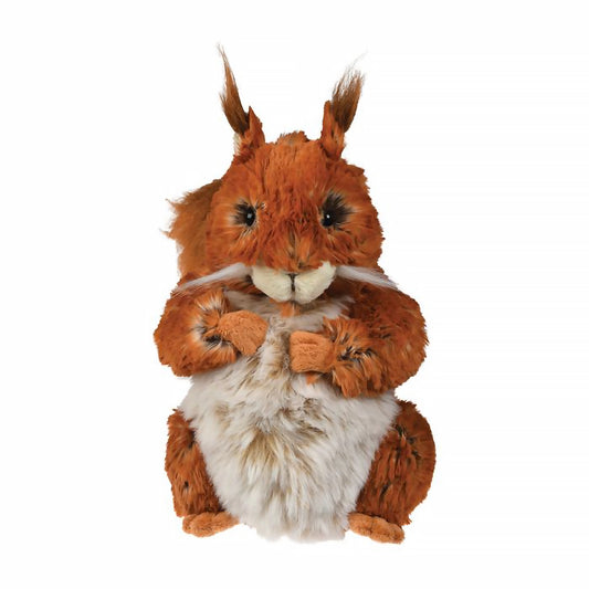 A stuffed squirrel plush toy with the Wrendale logo embroidered on the bottom of its foot