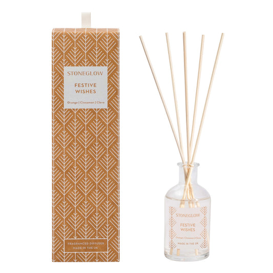 A glass reed diffuser with a box decorated in a white Scandi style pattern