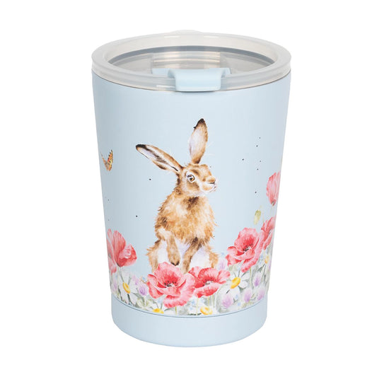 A travel cup with a hare in flowers design in a light blue