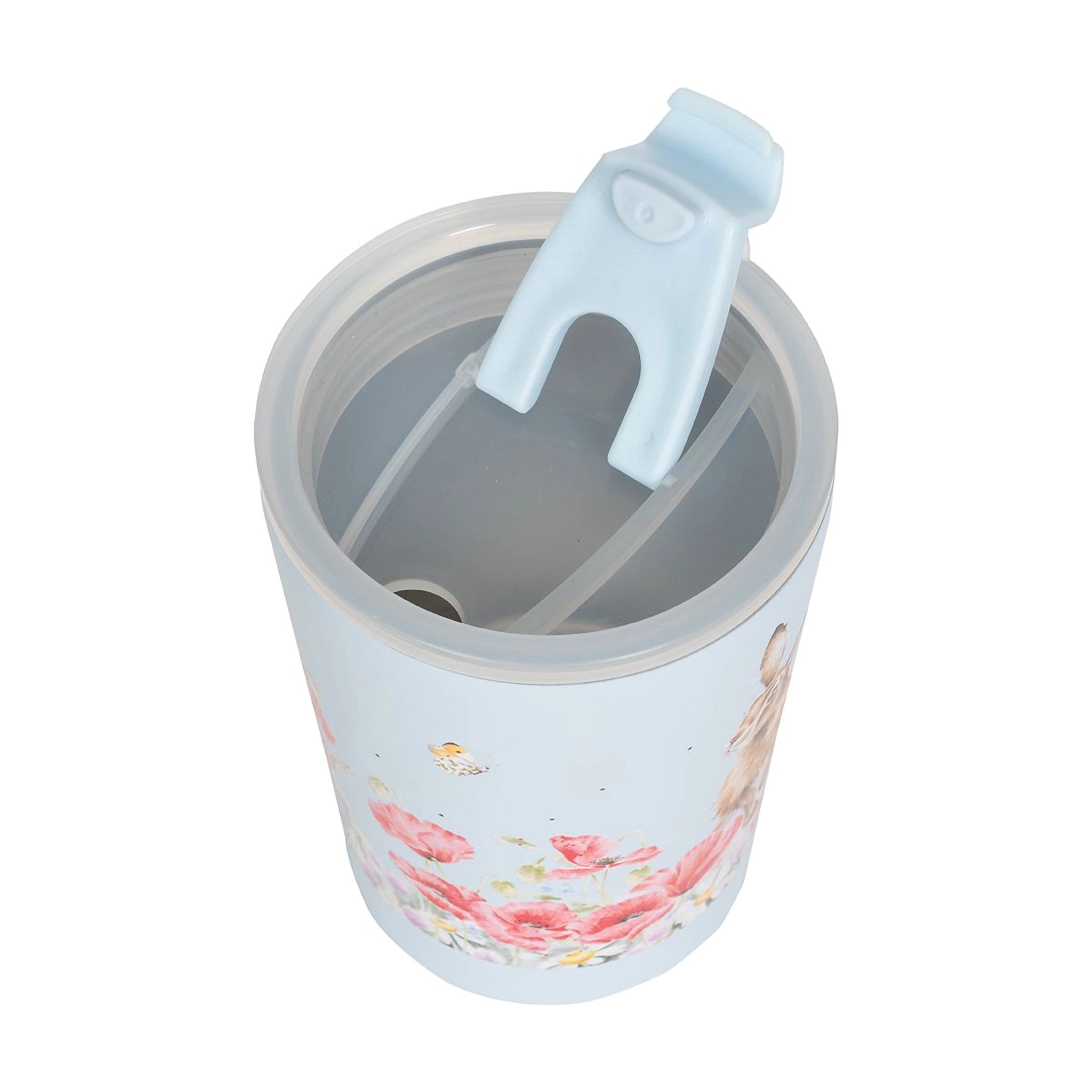 Frosted lid of a travel cup with a hare in flowers design in a light blue