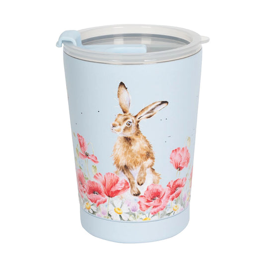 A travel cup with a hare in flowers design in a light blue