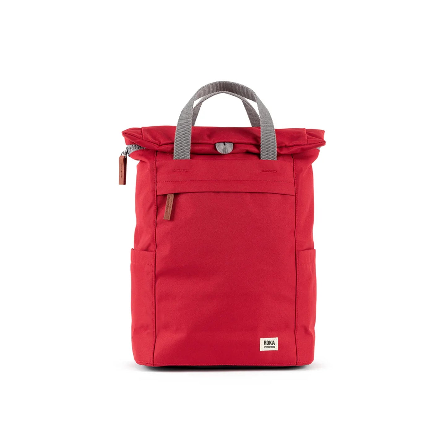 Red rolltop backpack with grey grab handles