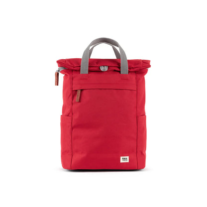 Red rolltop backpack with grey grab handles