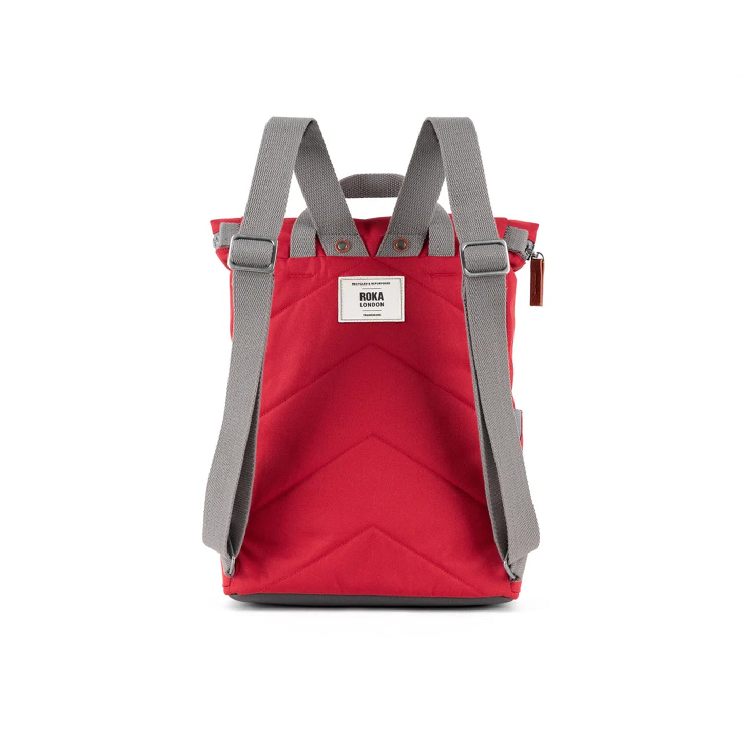 Back of red rolltop backpack with grey backpack straps