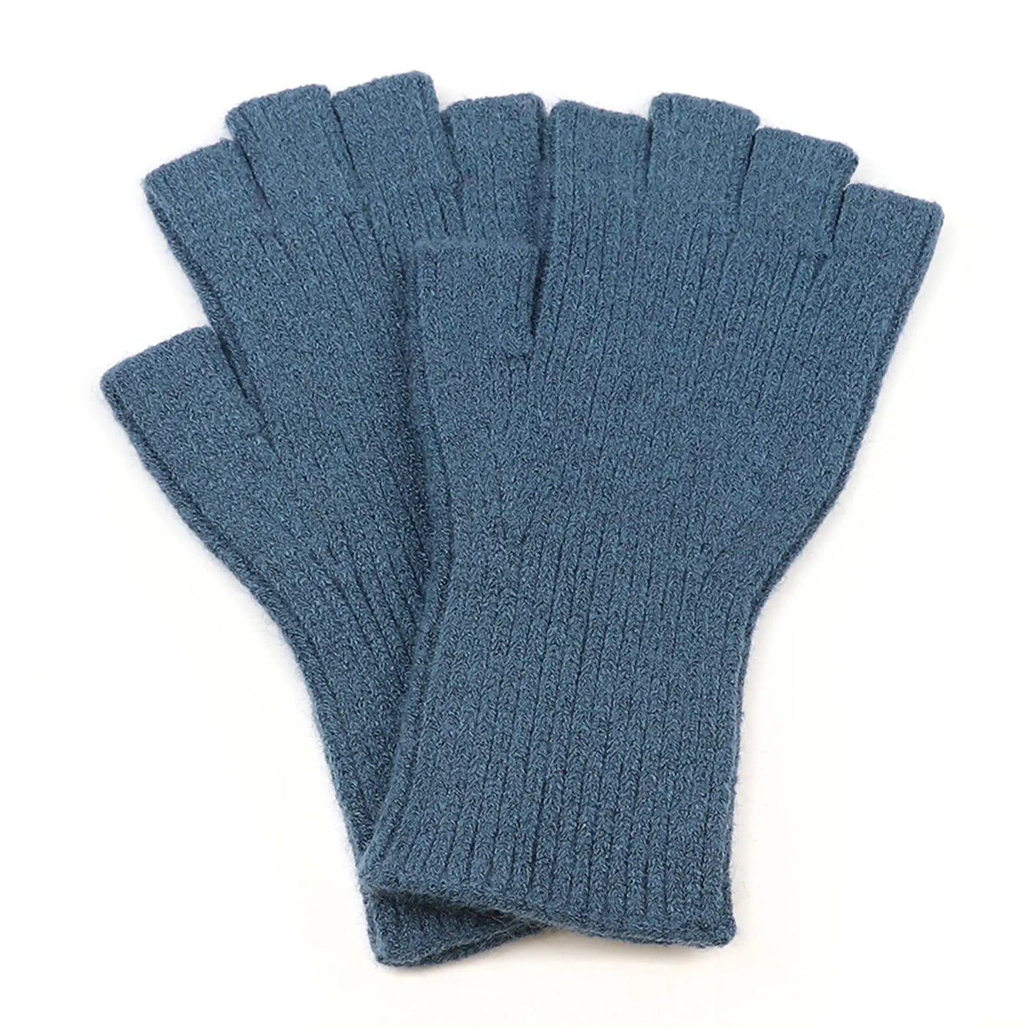 Pair of blue coloured fine knitted fingerless gloves