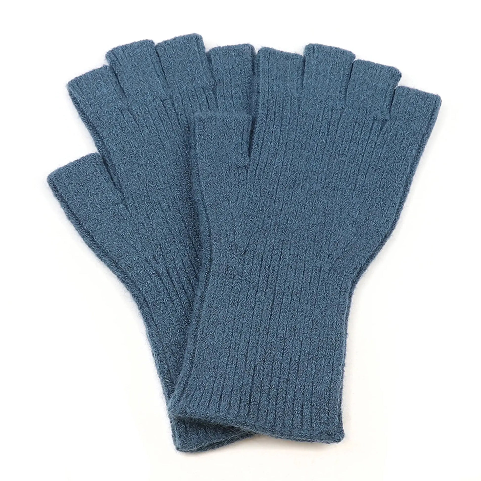 Pair of blue coloured fine knitted fingerless gloves