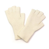 A pair of cream fingerless knitted gloves 