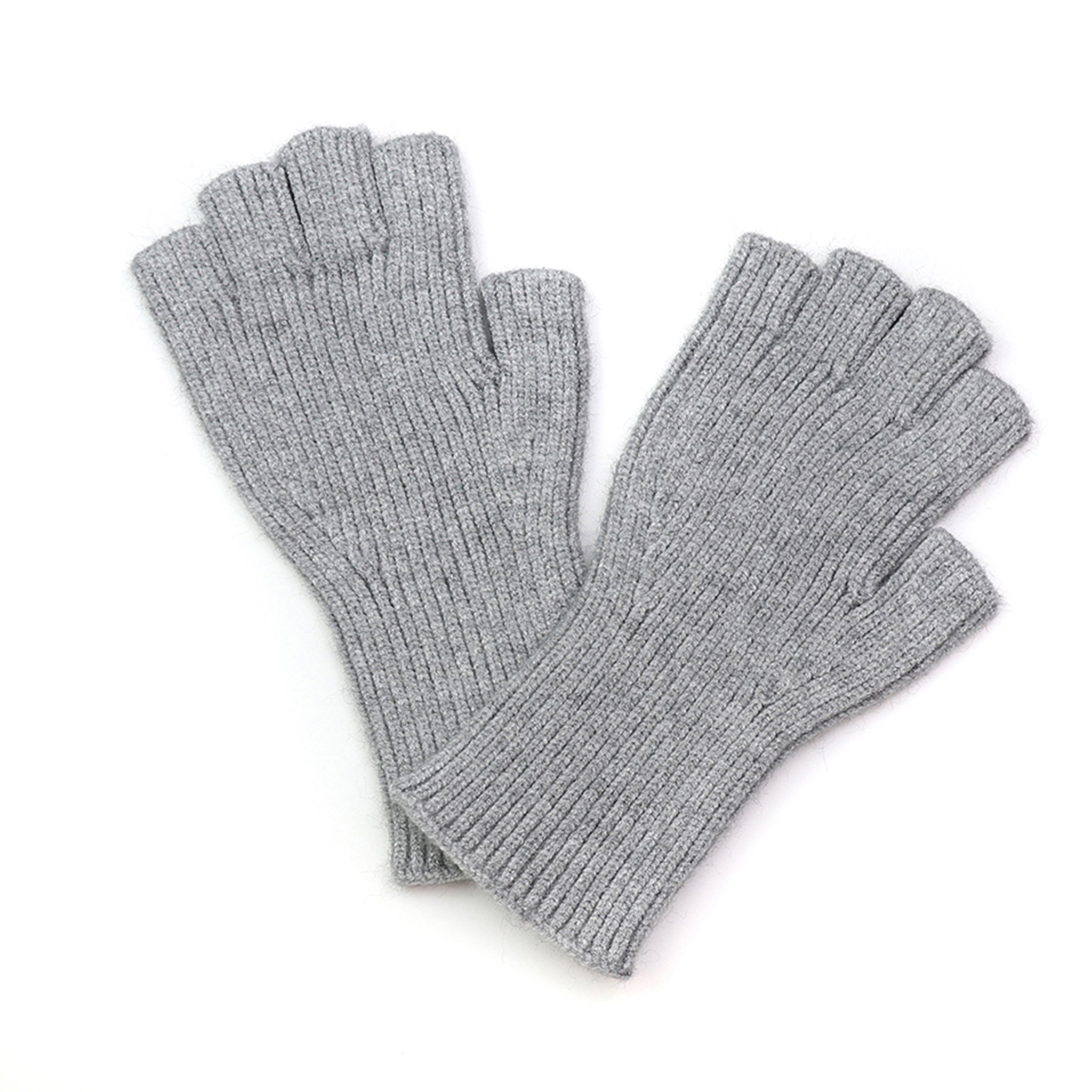 A pair of light grey fingerless knitted gloves 