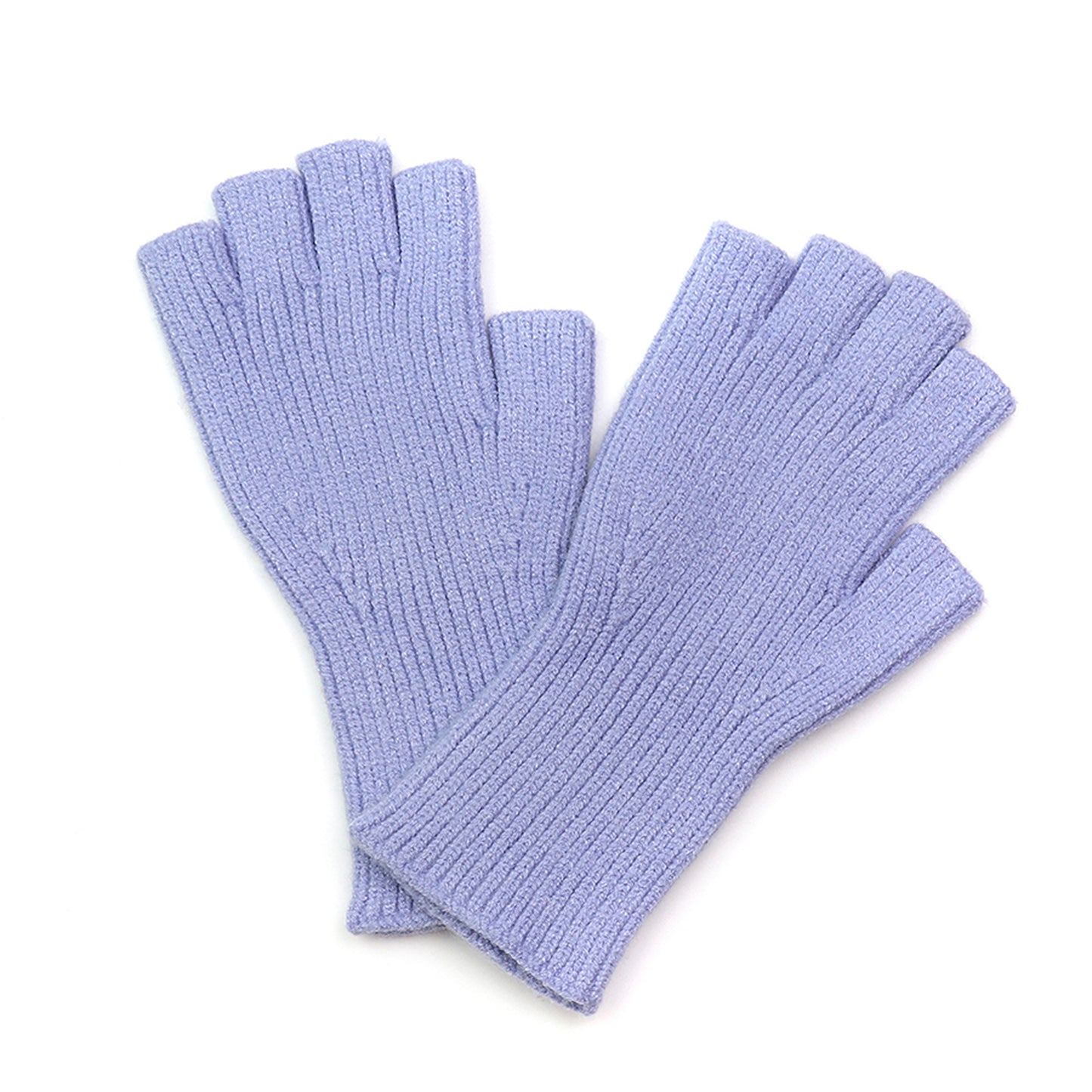 A pair of baby blue fingerless knitted gloves 