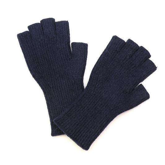 A pair of navy blue fingerless knitted gloves 