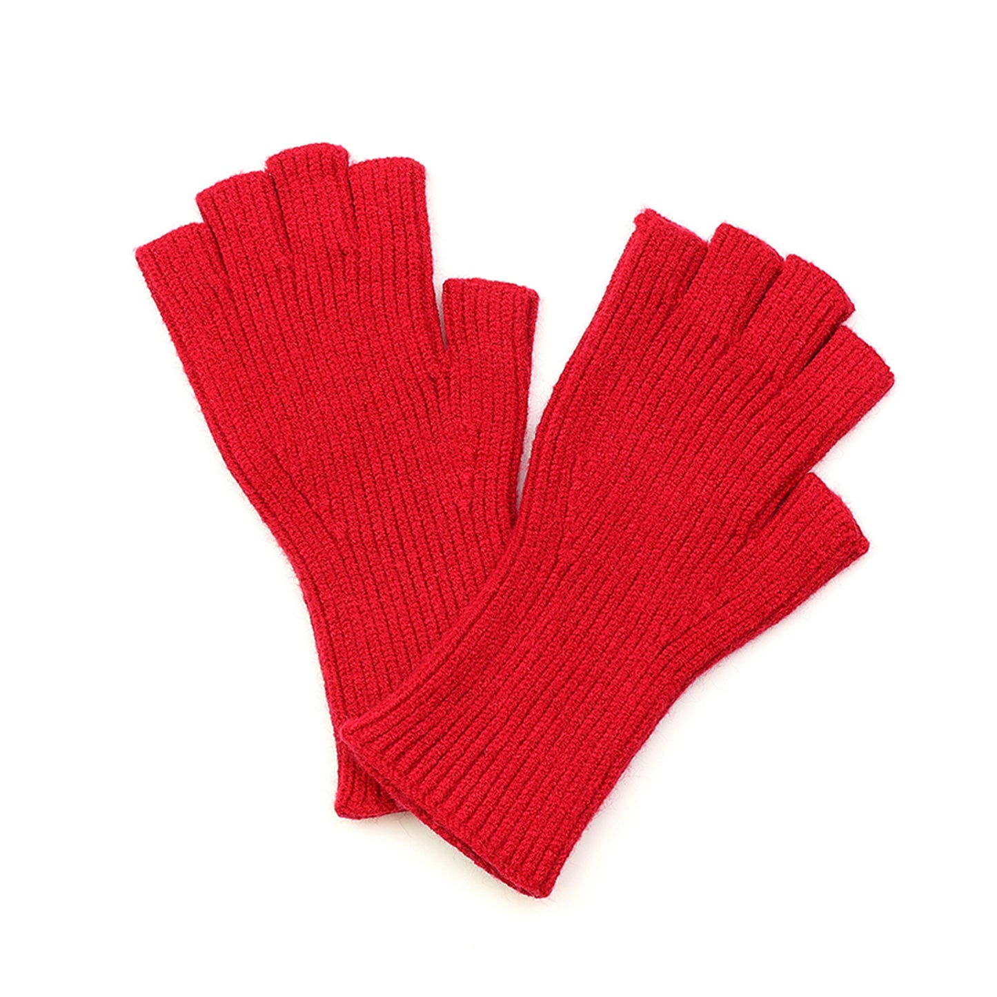 A pair of red fingerless knitted gloves 