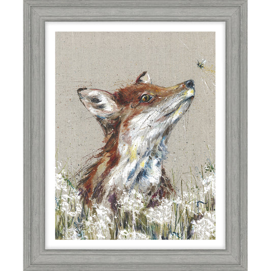 A framed print with textured canvas background and a painted fox and bee