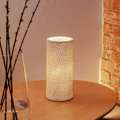 White porcelain column lamp with perforated firework design lifestyle