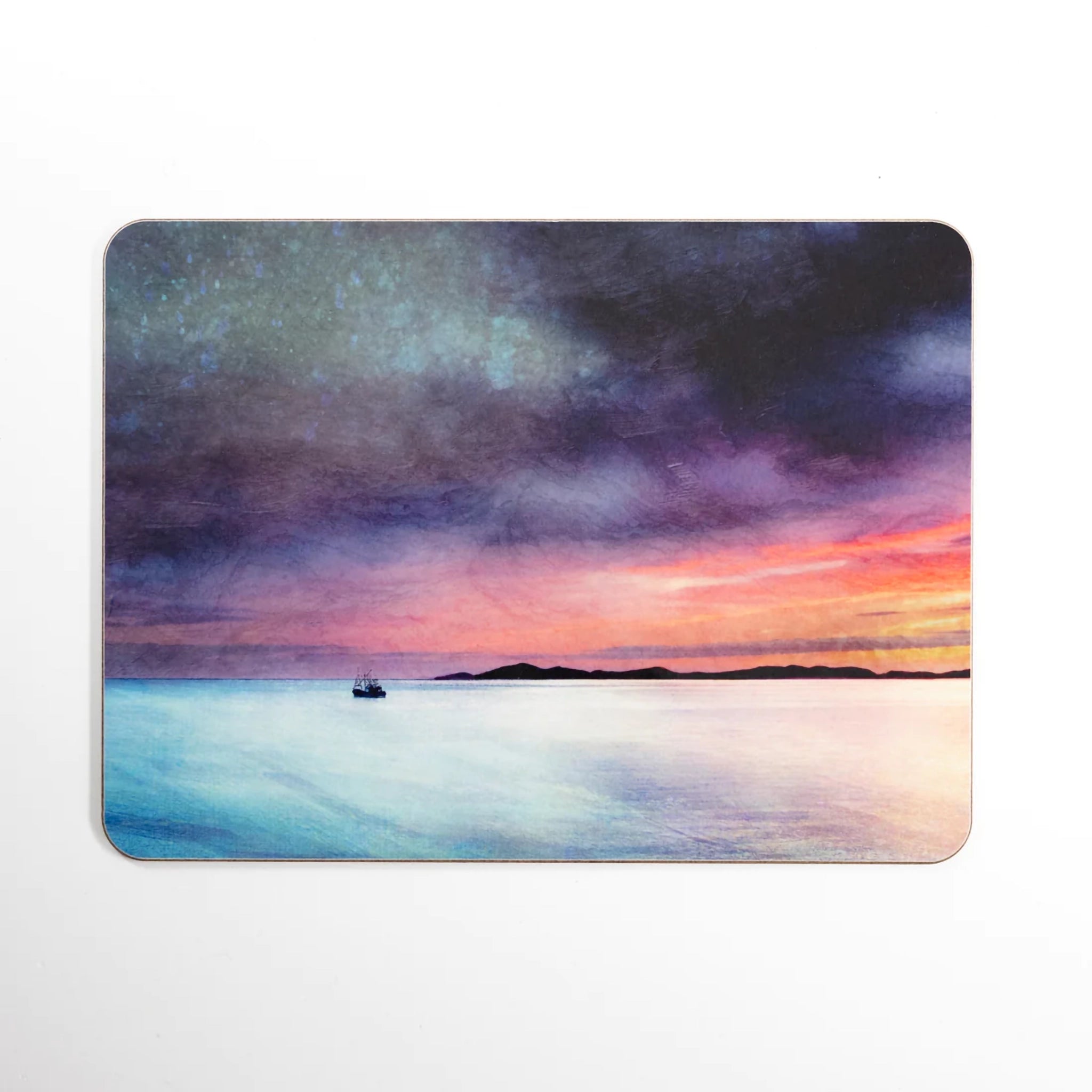 A melamine placemat featuring a waterscape artwork by Cath Waters in pinks, purples and blues