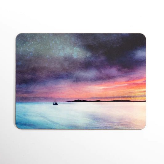 A melamine placemat featuring a waterscape artwork by Cath Waters in pinks, purples and blues