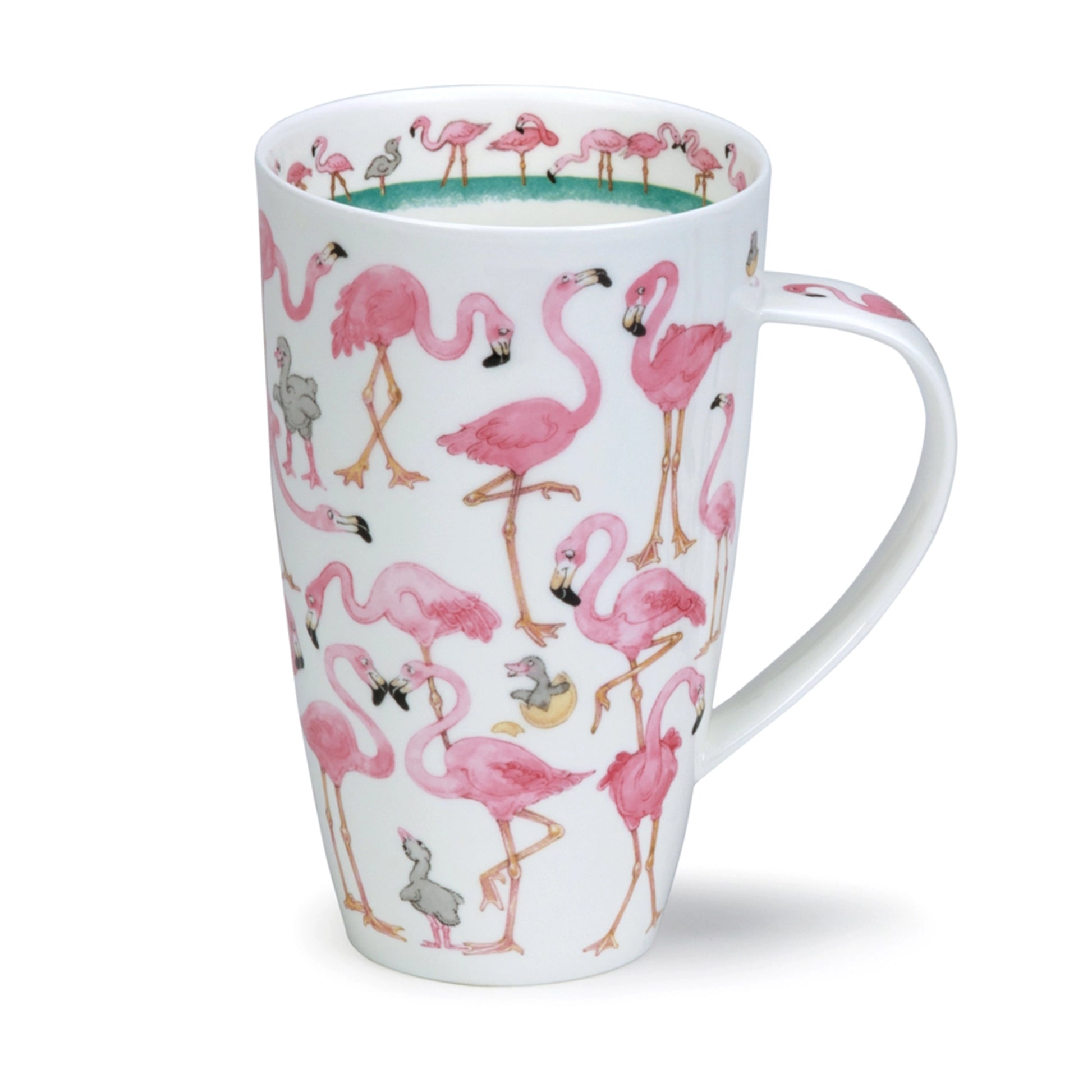 Bright pink flamingos on a tall white mug