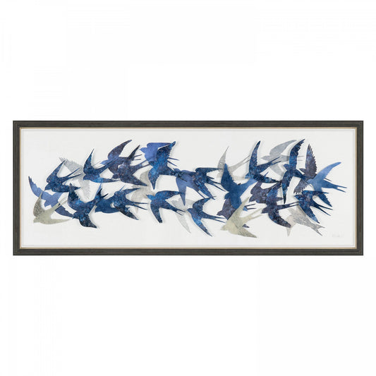 A long print of flying swallows with blues and greys