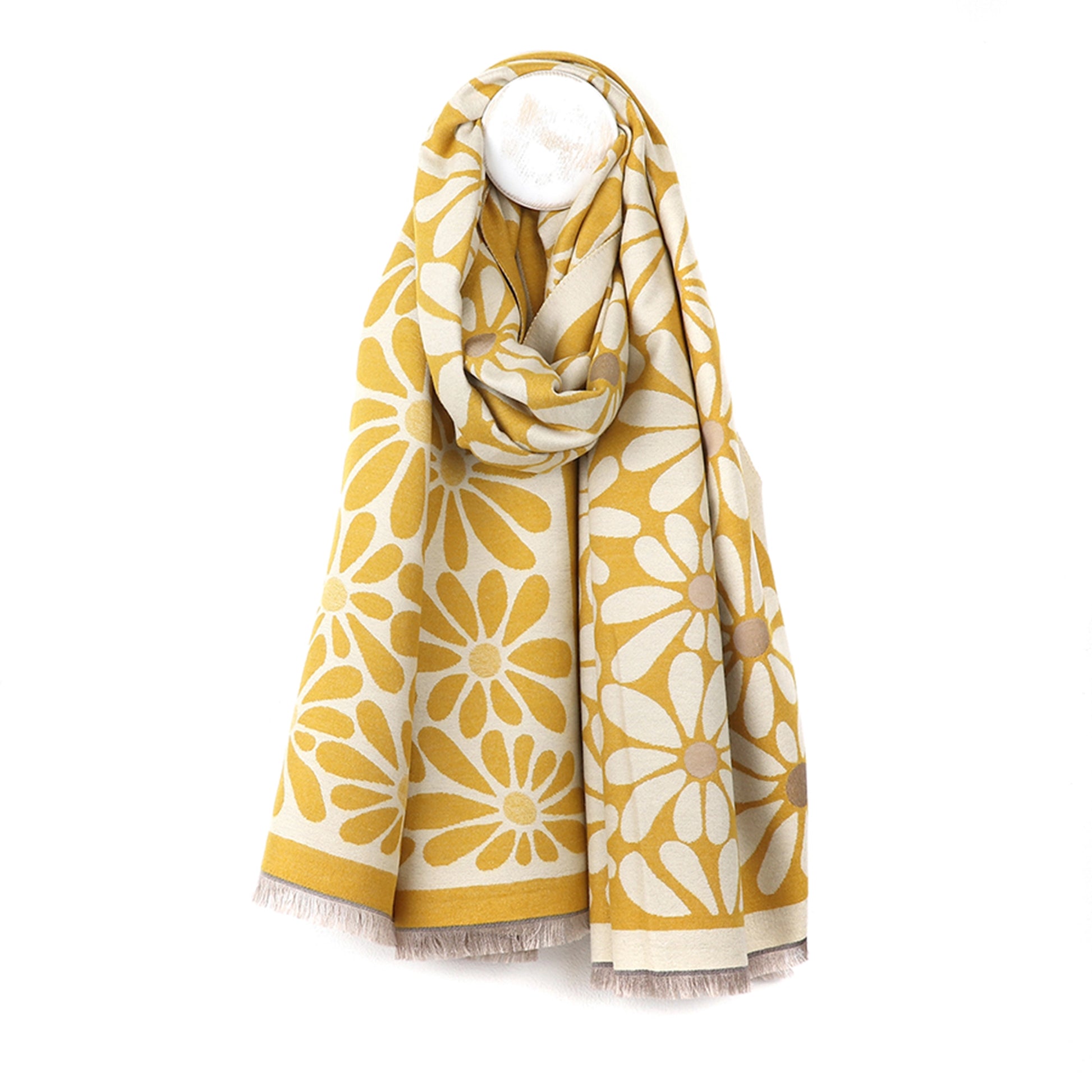 Yellow and white reversible floral scarf