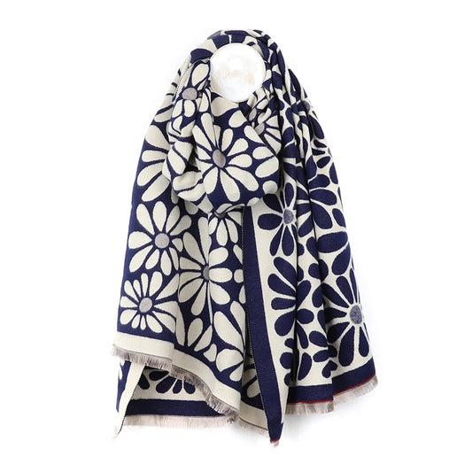 Navy and white reversible floral scarf
