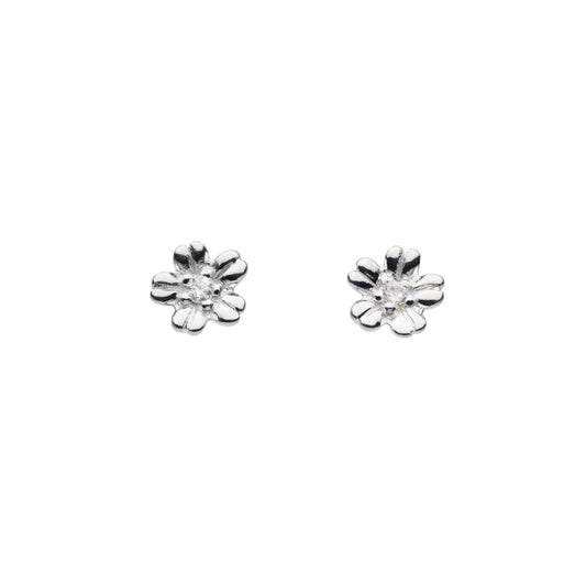 A pair of silver stud earrings shaped like flowers with CZ stone centres