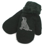 A pair of fluffy black mittens featuring a silver rhinestone sitting dog design