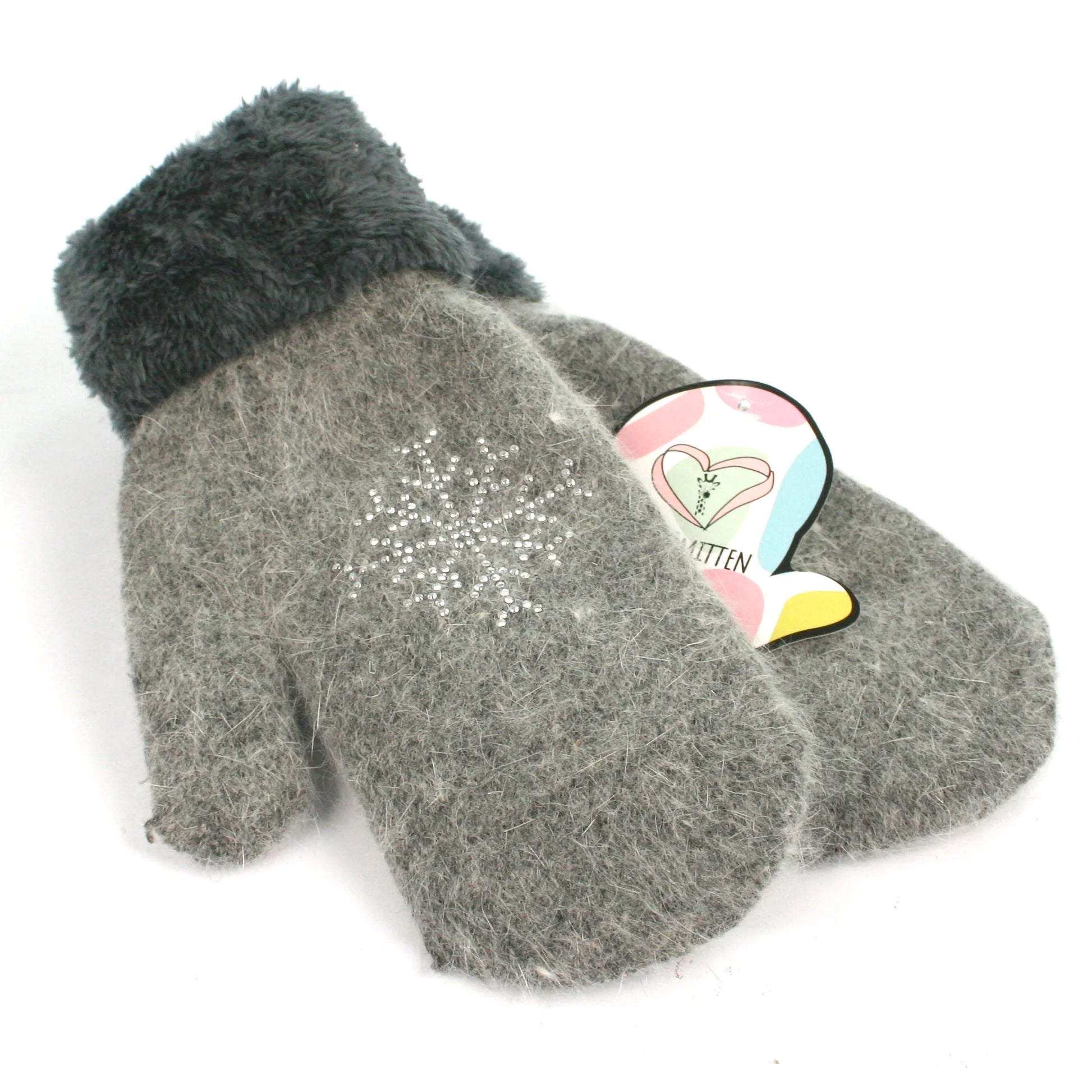 A pair of fluffy mittens in a light grey colour featuring sparkly silver rhinestone snowflakes 