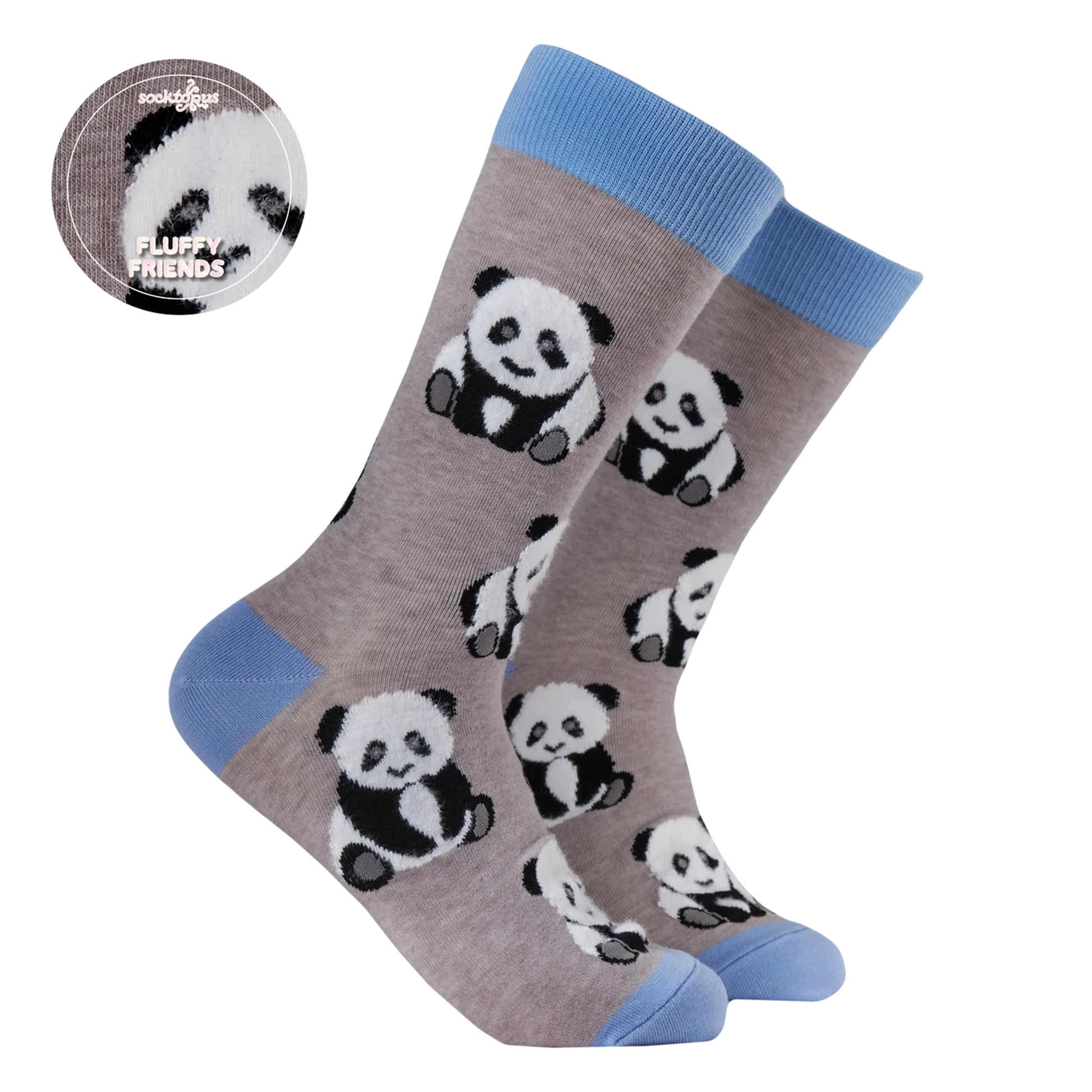 Grey and blue socks with adorable fluffy panda design
