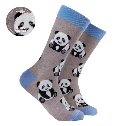 Grey and blue socks with adorable fluffy panda design