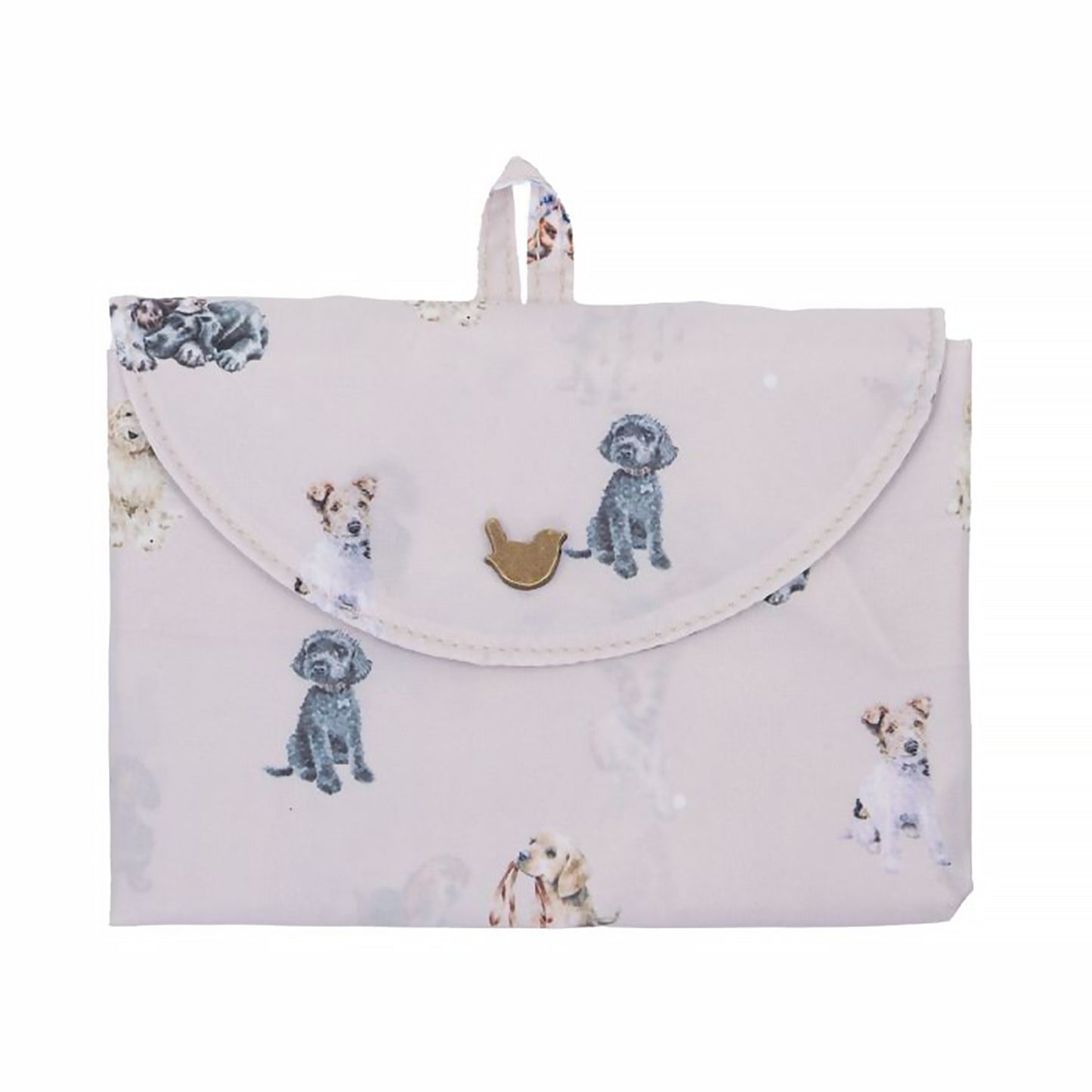 Folded grey shopping tote bag with dog pattern