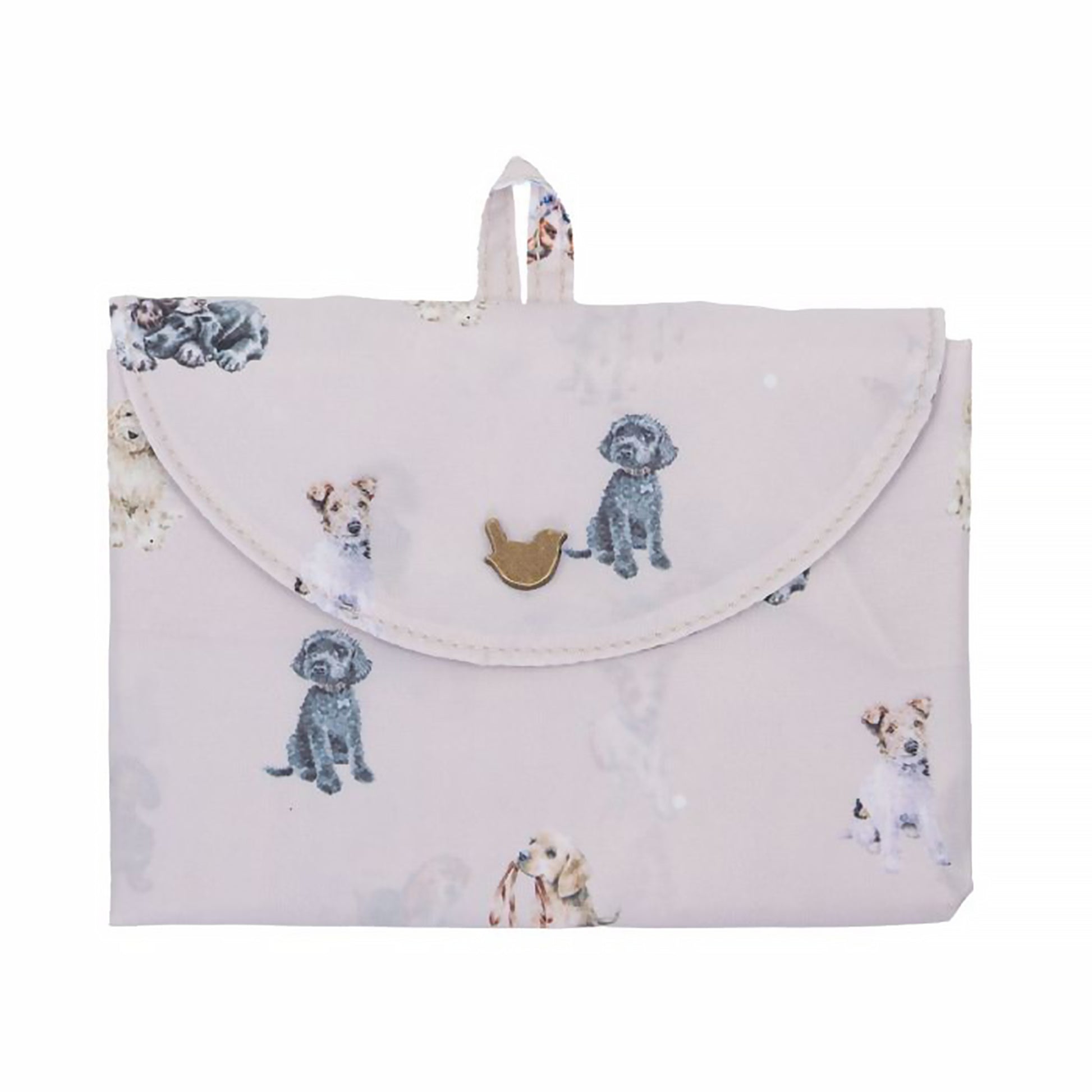 Folded grey shopping tote bag with dog pattern