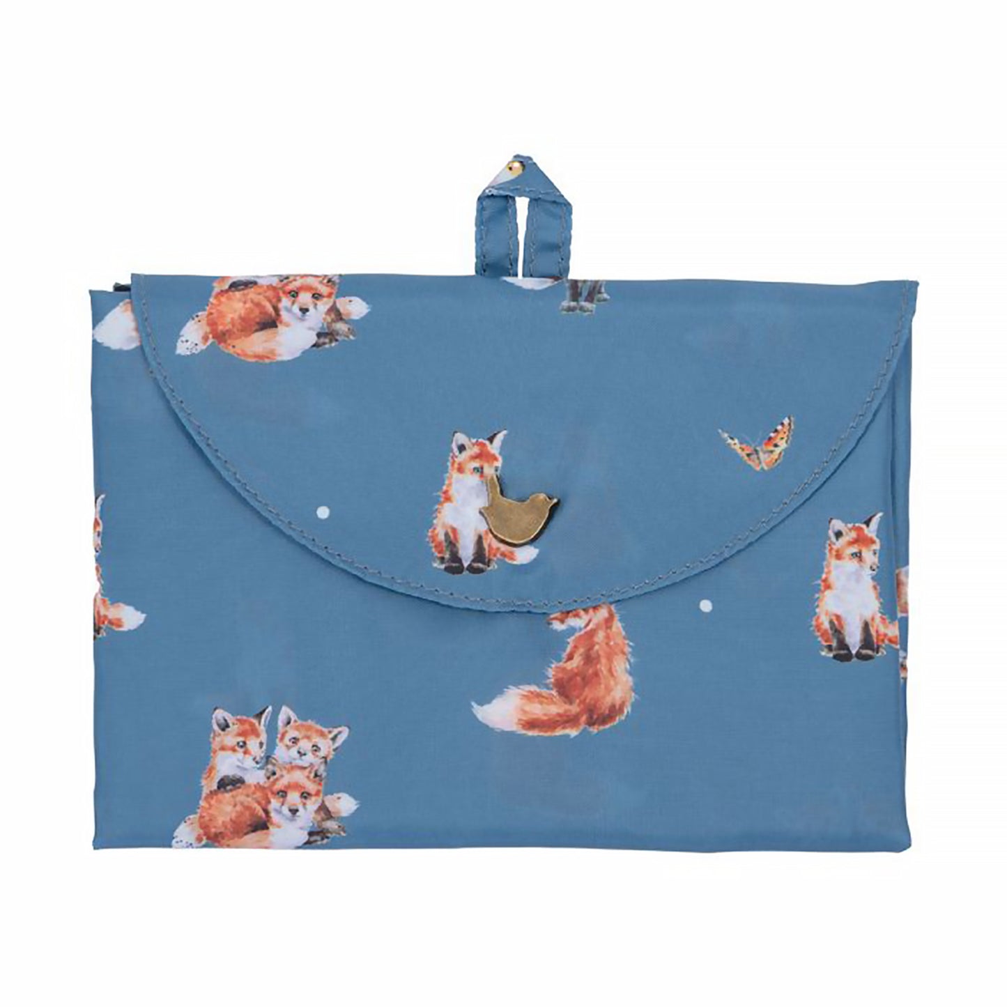 Folded blue shopping tote bag with fox pattern