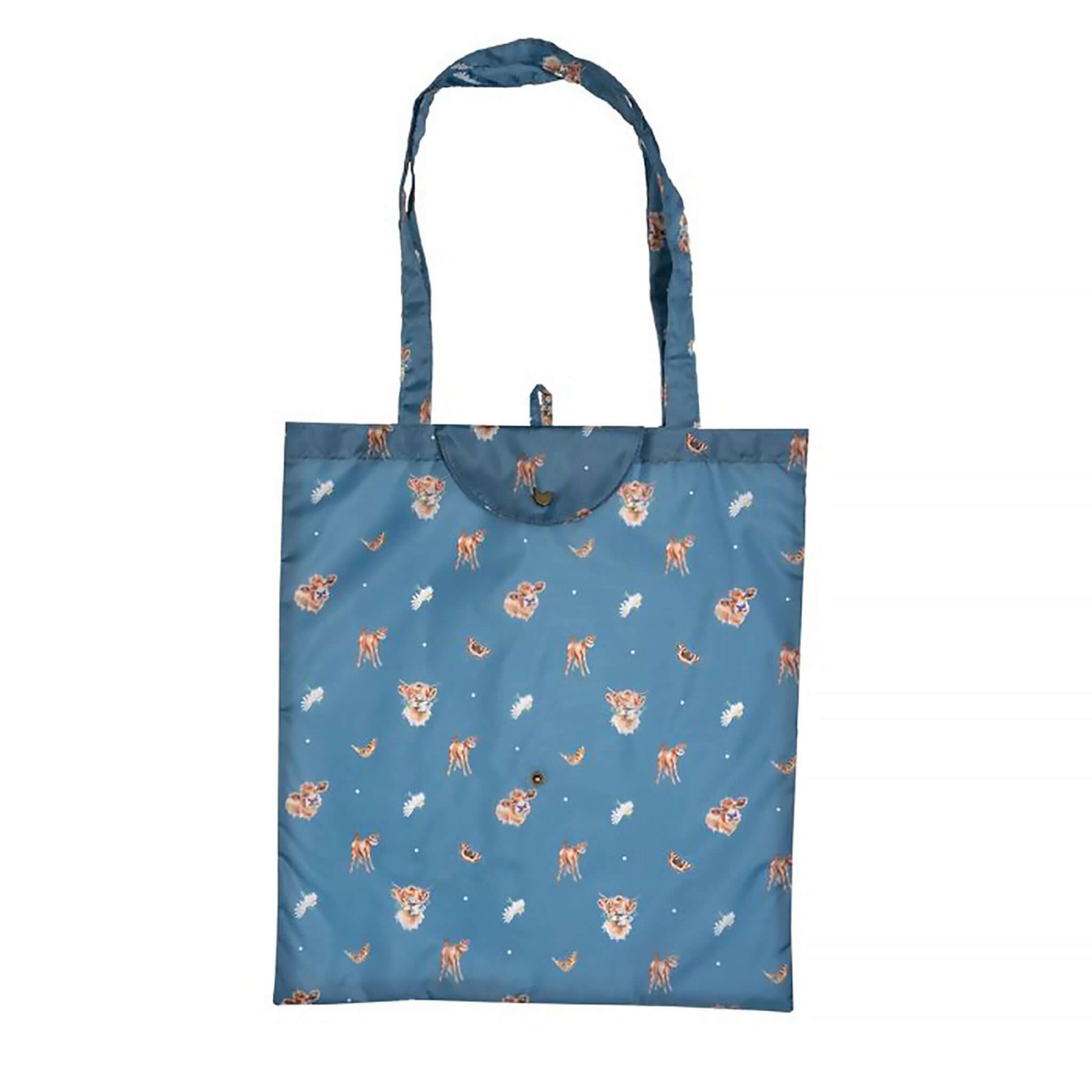 Blue shopping tote bag with Highland Cow pattern