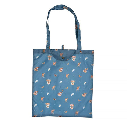 Blue shopping tote bag with Highland Cow pattern