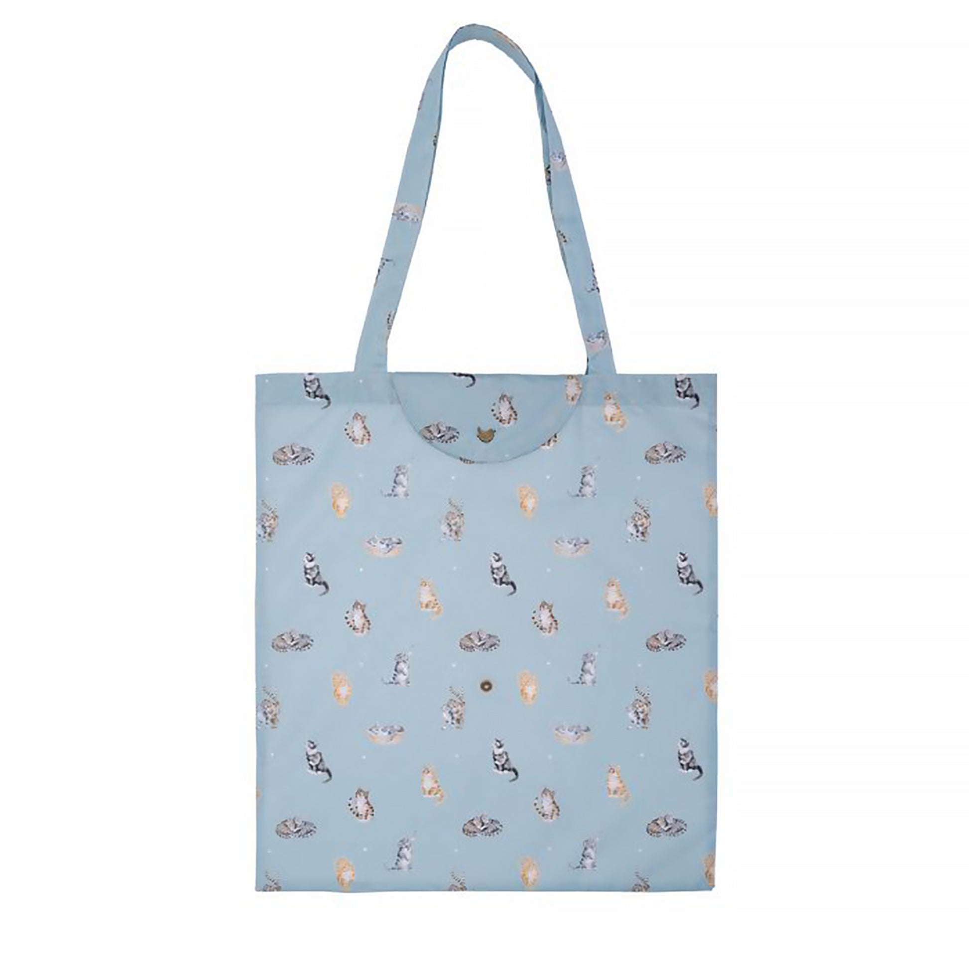 Blue shopping tote bag with repeat cat design