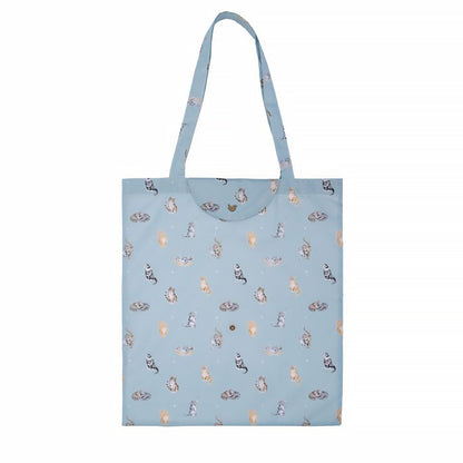 Blue shopping tote bag with repeat cat design