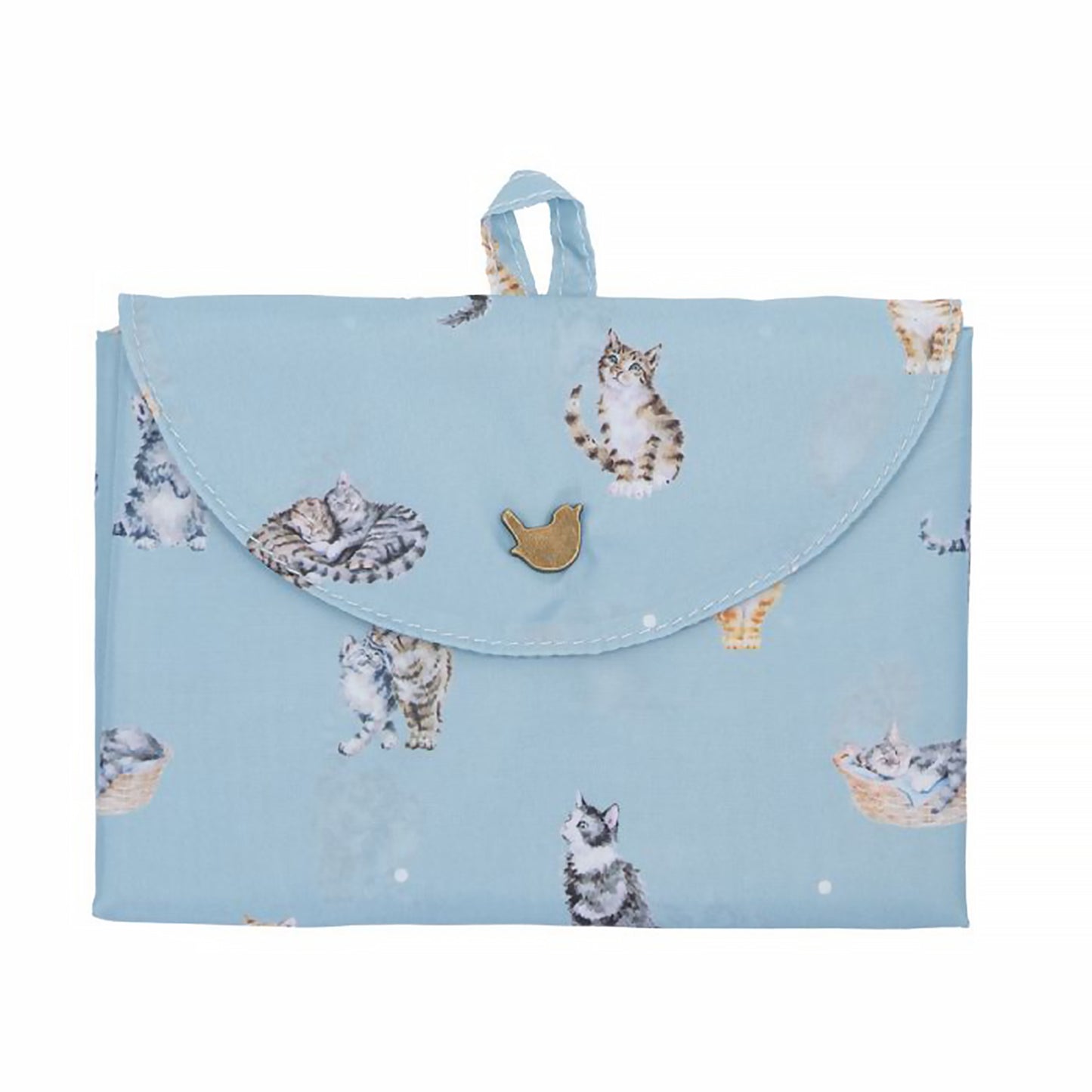 Folded blue shopping tote bag with repeat cat design