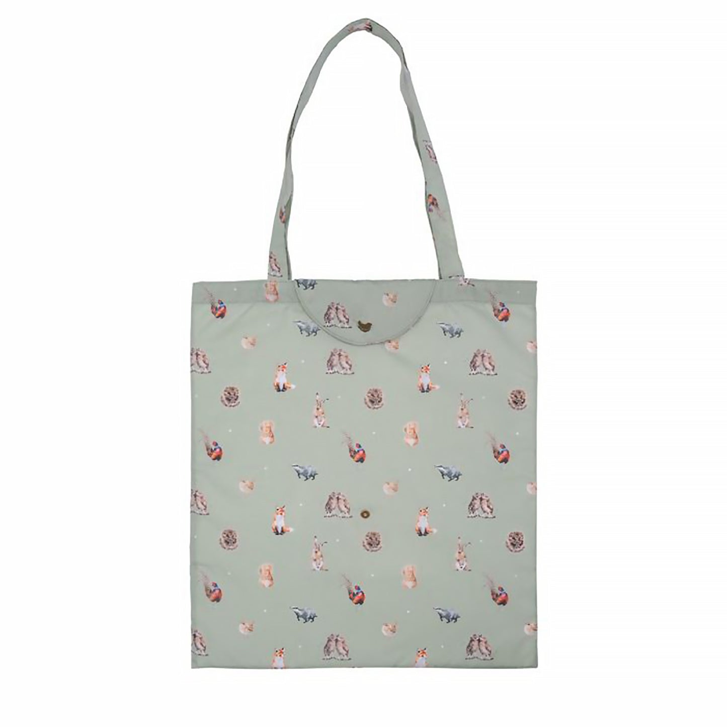 Green shopping tote bag with woodland animal repeat print