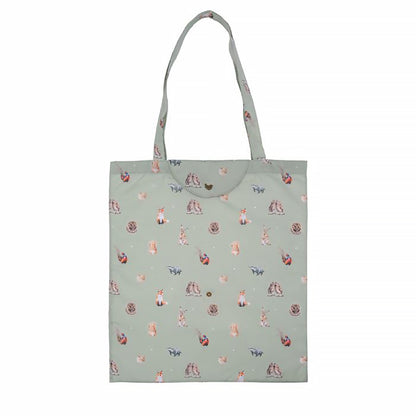 Green shopping tote bag with woodland animal repeat print