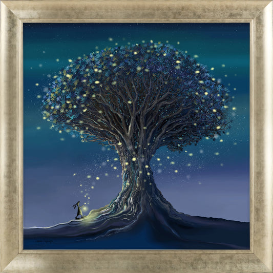 A framed square print in dark colours featuring a tree with glowing fireflies around it