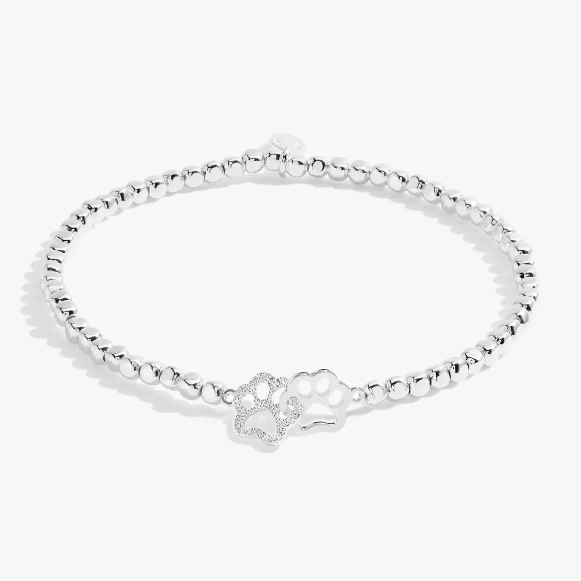 Silver beaded bracelet with two interlocked paw prints, one with CZ stones