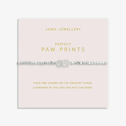 Silver beaded bracelet with two interlocked paw prints, one with CZ stones on sentiment card