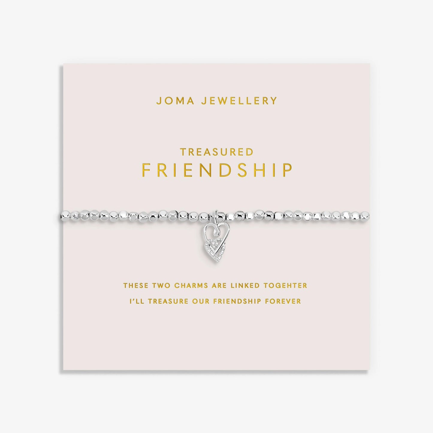 Silver bracelet with two interlinked hearts in silver and CZ, with a sentiment that reads 'Treasured Friendship'