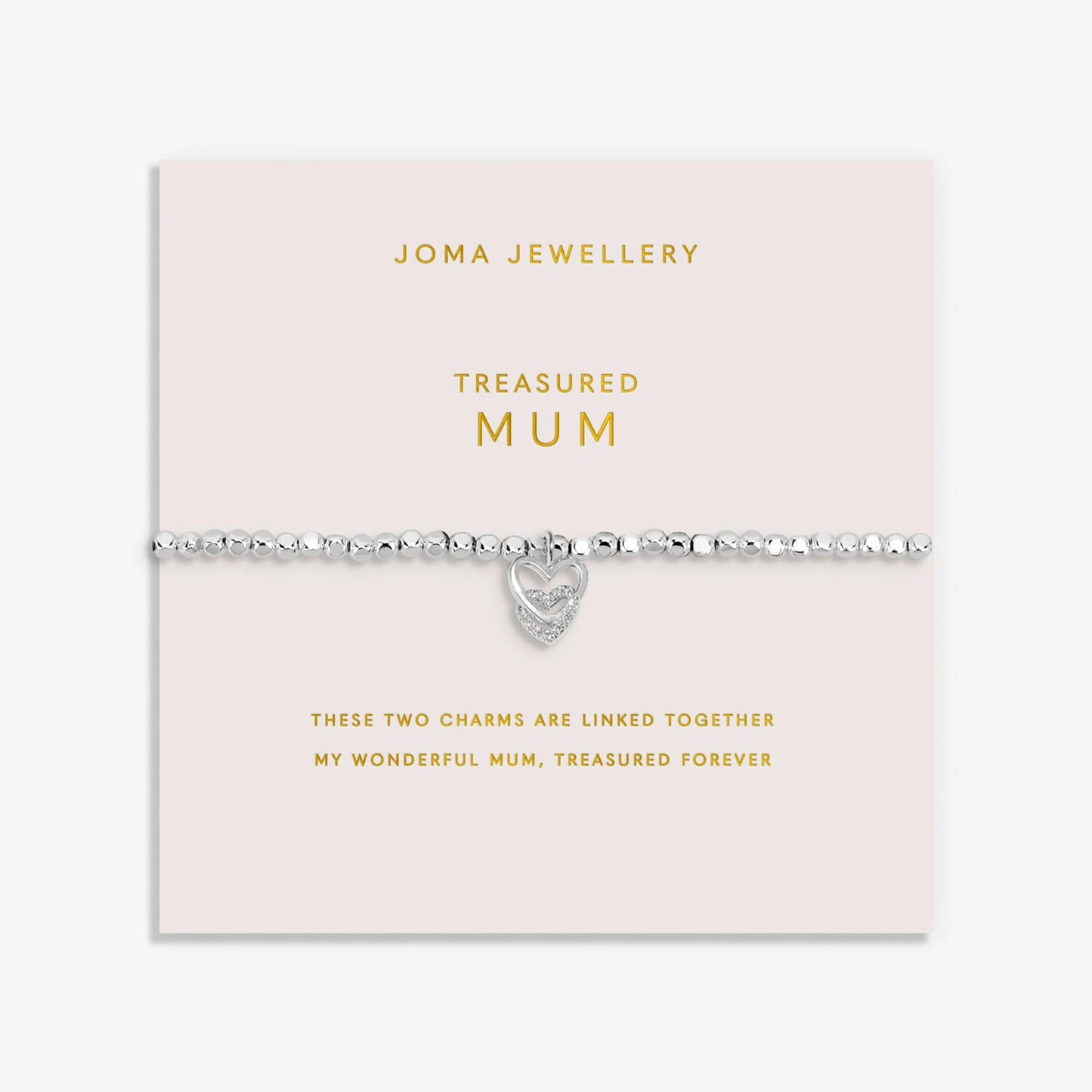 Silver bracelet with two interlinked hearts in silver and CZ, with a sentiment that reads 'Treasured Mum'