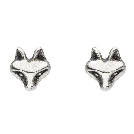 A pair of fox face shaped silver earrings with oxidised details