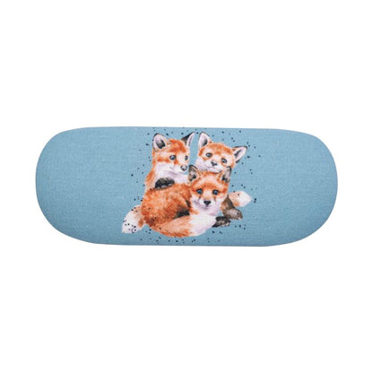 Light blue glasses case with design of three cuddling fox cubs